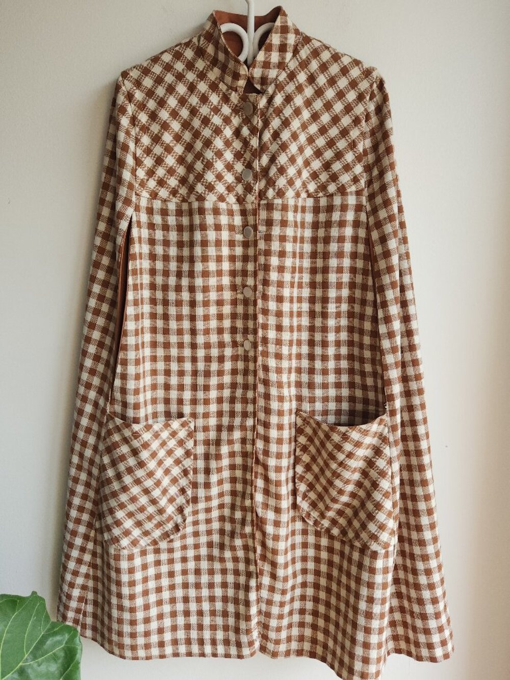 Vintage Handmade Reversible Cocoa Brown and White Plaid Cape - OS